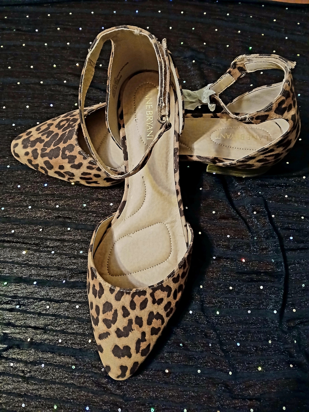 Lane Bryant Leopard Print Pointed Toe Ankle-Strap Flats - Tan/Black